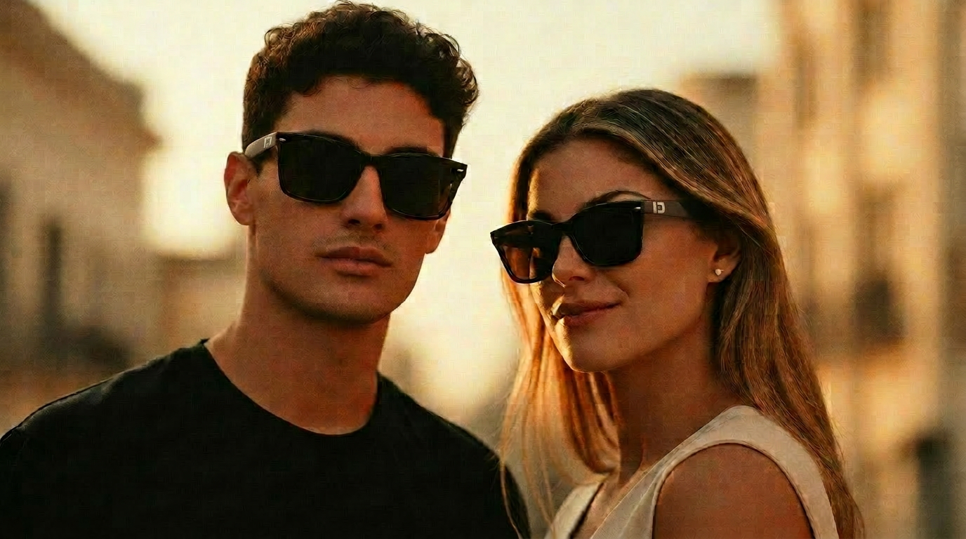 Casal usando óculos de sol Jordano Eyewear, luz natural editorial